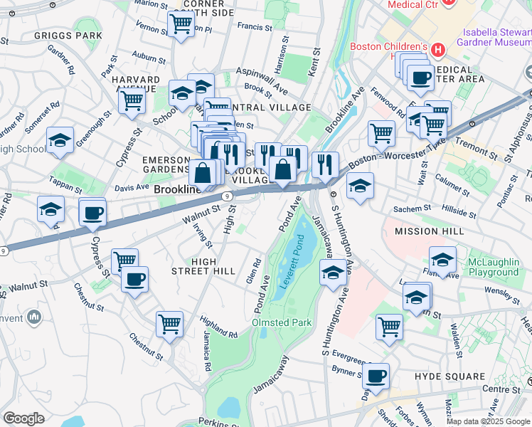 map of restaurants, bars, coffee shops, grocery stores, and more near 38 Juniper Street in Brookline