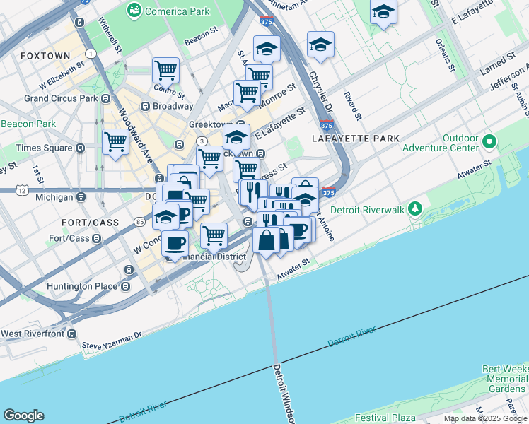 map of restaurants, bars, coffee shops, grocery stores, and more near in Detroit