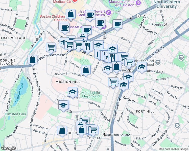 map of restaurants, bars, coffee shops, grocery stores, and more near 60 Hillside Street in Boston