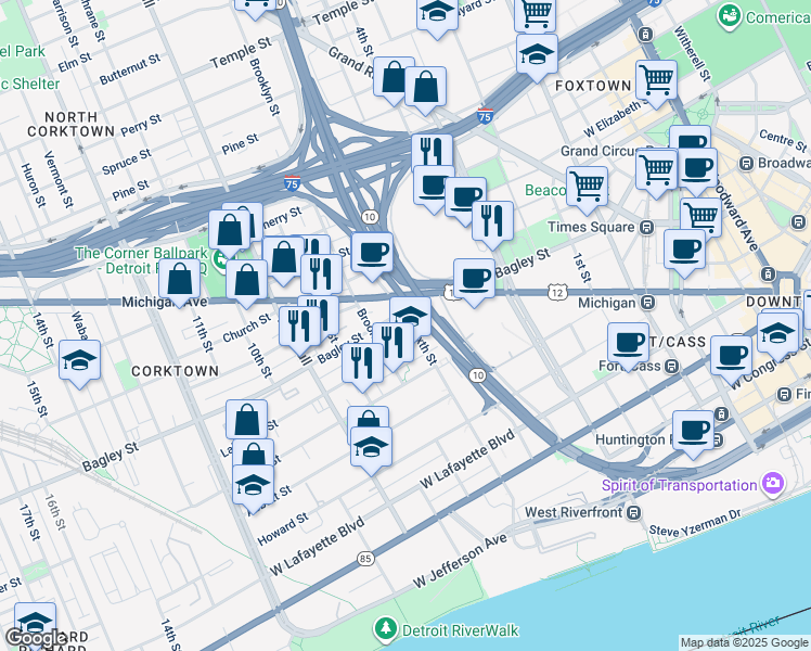 map of restaurants, bars, coffee shops, grocery stores, and more near 1535 Sixth Street in Detroit