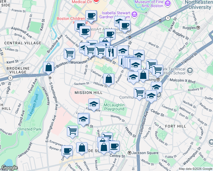 map of restaurants, bars, coffee shops, grocery stores, and more near 127 Calumet Street in Boston