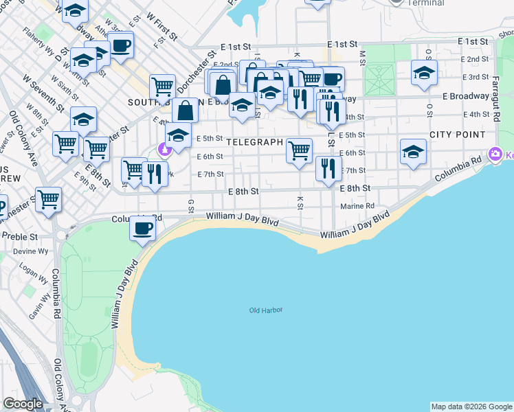 map of restaurants, bars, coffee shops, grocery stores, and more near 1530 Columbia Road in Boston