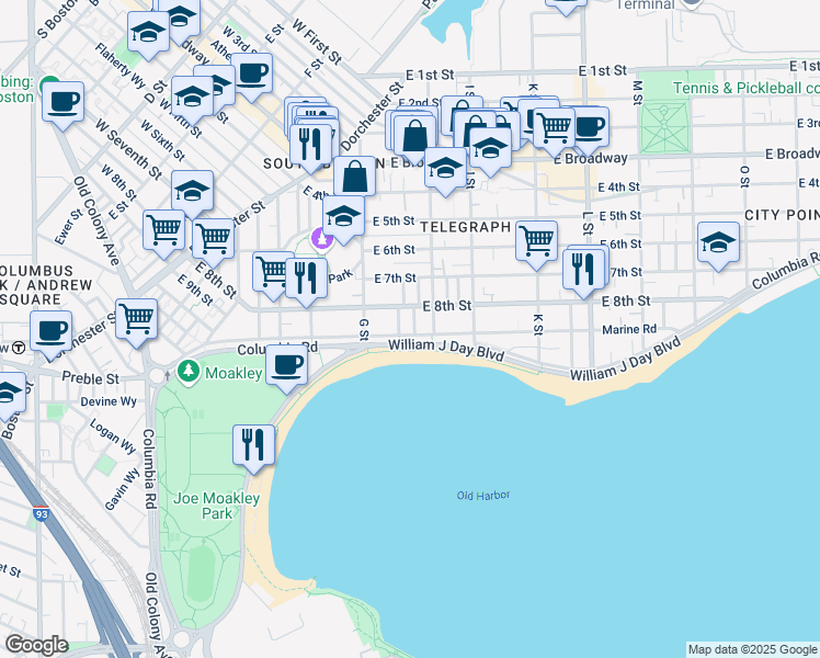 map of restaurants, bars, coffee shops, grocery stores, and more near 1424 Columbia Road in Boston
