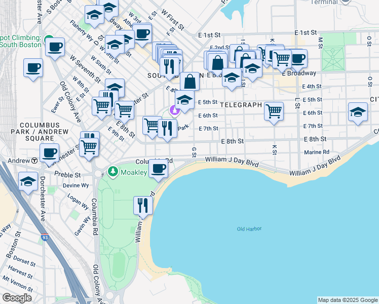 map of restaurants, bars, coffee shops, grocery stores, and more near 1394 William J Day Boulevard in Boston