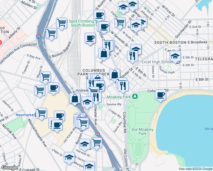 map of restaurants, bars, coffee shops, grocery stores, and more near 15 Ward Street in Boston