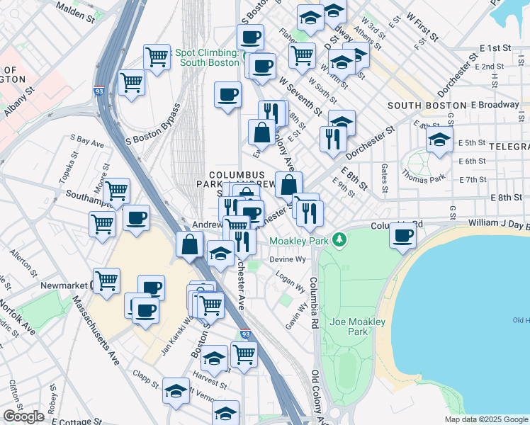 map of restaurants, bars, coffee shops, grocery stores, and more near 15 Ward Street in Boston