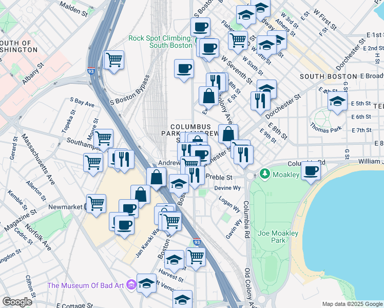 map of restaurants, bars, coffee shops, grocery stores, and more near 395 Dorchester Street in Boston
