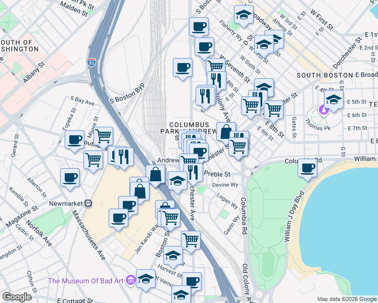 map of restaurants, bars, coffee shops, grocery stores, and more near 395 Dorchester Street in Boston