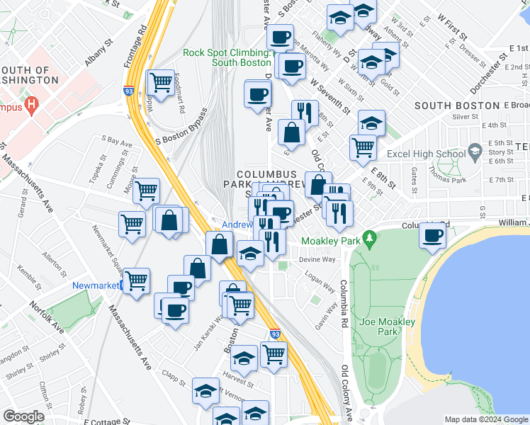 map of restaurants, bars, coffee shops, grocery stores, and more near 496 Southampton Street in Boston