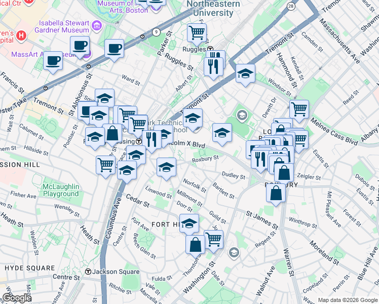 map of restaurants, bars, coffee shops, grocery stores, and more near 621 Parker Street in Boston