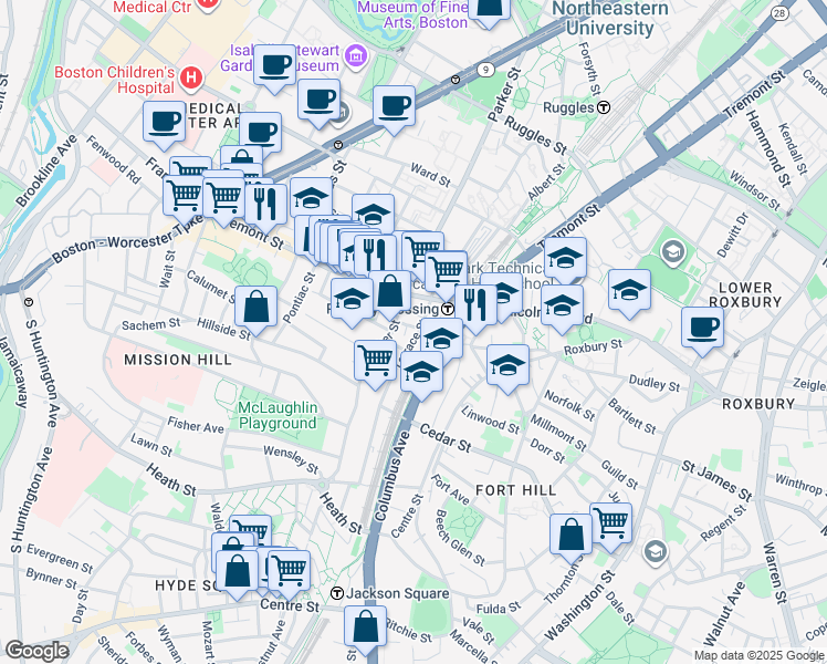 map of restaurants, bars, coffee shops, grocery stores, and more near 40 Terrace Street in Boston