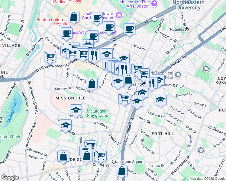map of restaurants, bars, coffee shops, grocery stores, and more near 5R Cherokee Street in Boston