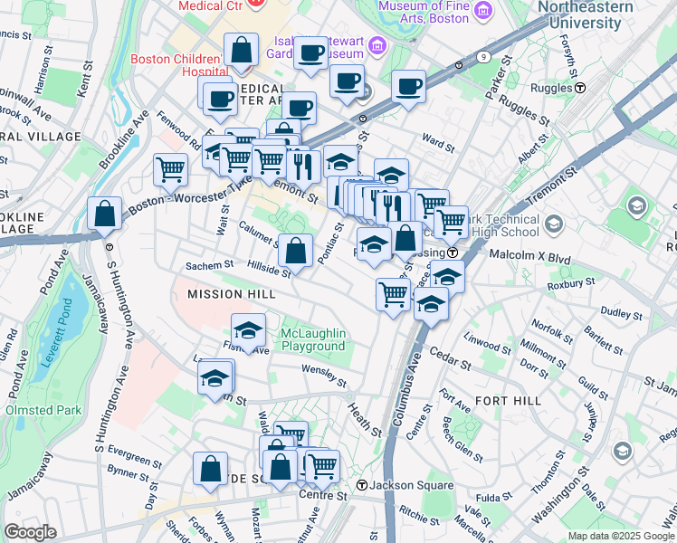 map of restaurants, bars, coffee shops, grocery stores, and more near 60 Hillside Street in Boston