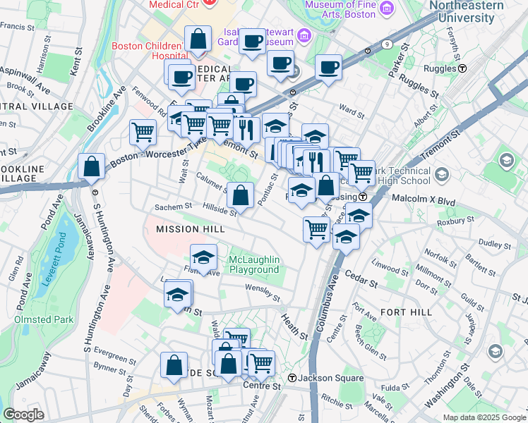 map of restaurants, bars, coffee shops, grocery stores, and more near 60 Hillside Street in Boston