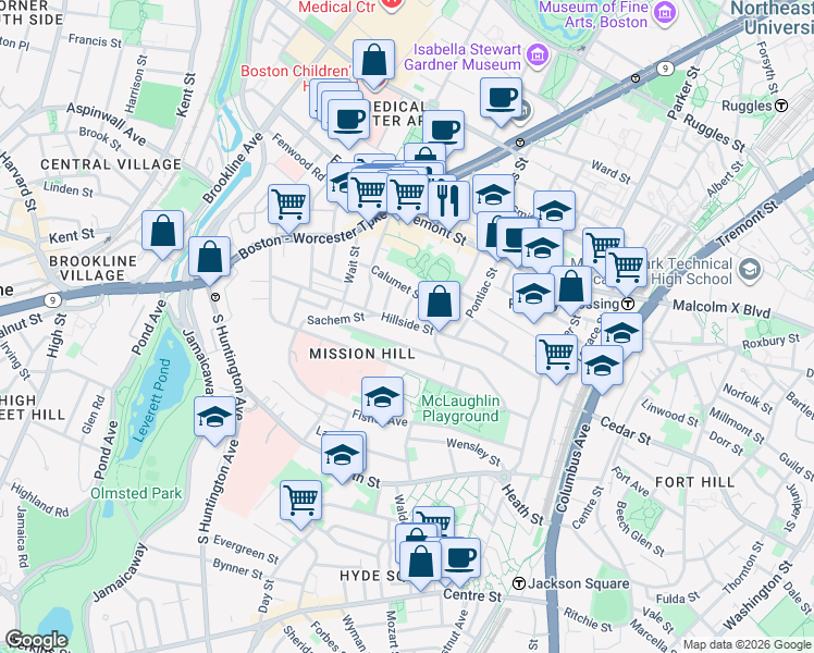 map of restaurants, bars, coffee shops, grocery stores, and more near in Boston