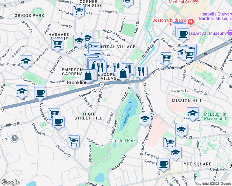 map of restaurants, bars, coffee shops, grocery stores, and more near 38 Juniper Street in Brookline