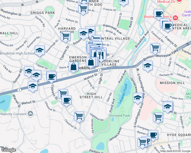 map of restaurants, bars, coffee shops, grocery stores, and more near 22 Irving Street in Brookline