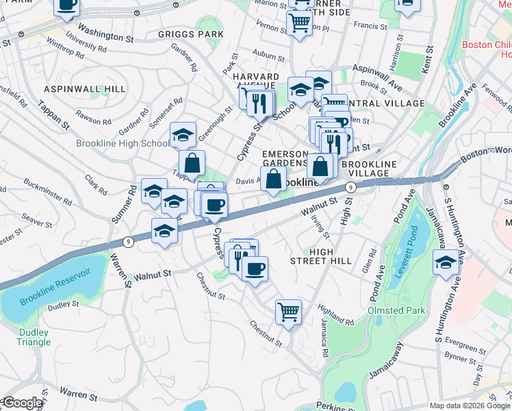 map of restaurants, bars, coffee shops, grocery stores, and more near 270 Boylston Street in Brookline