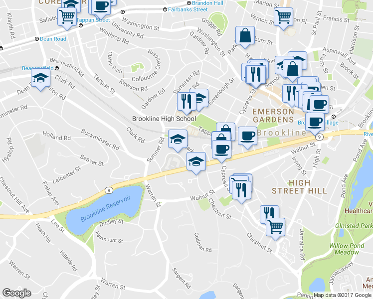 map of restaurants, bars, coffee shops, grocery stores, and more near 36 Philbrick Road in Brookline