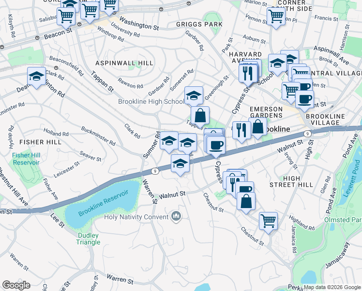 map of restaurants, bars, coffee shops, grocery stores, and more near 36 Philbrick Road in Brookline