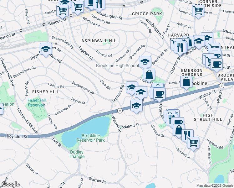 map of restaurants, bars, coffee shops, grocery stores, and more near 15 Buckminster Road in Brookline
