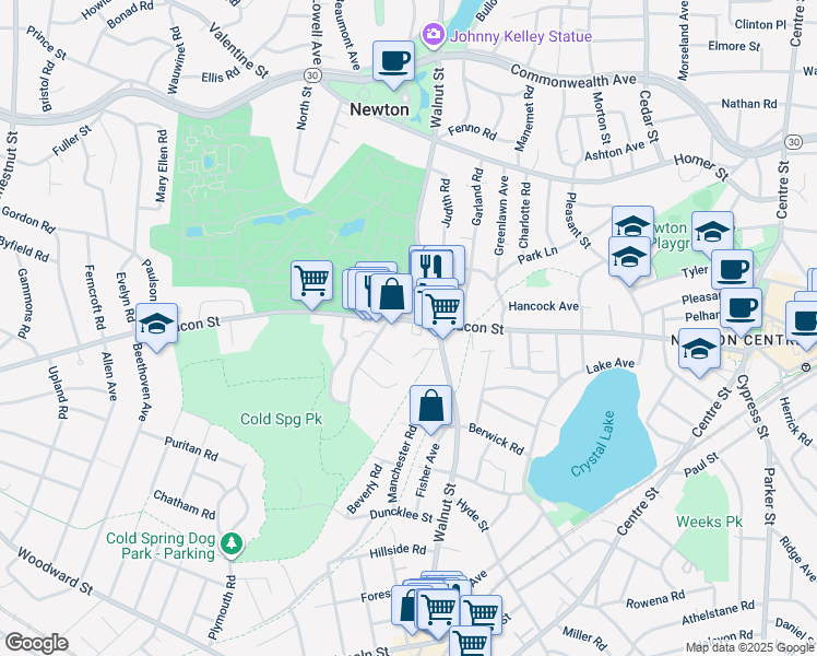 map of restaurants, bars, coffee shops, grocery stores, and more near 19 Carthay Circle in Newton