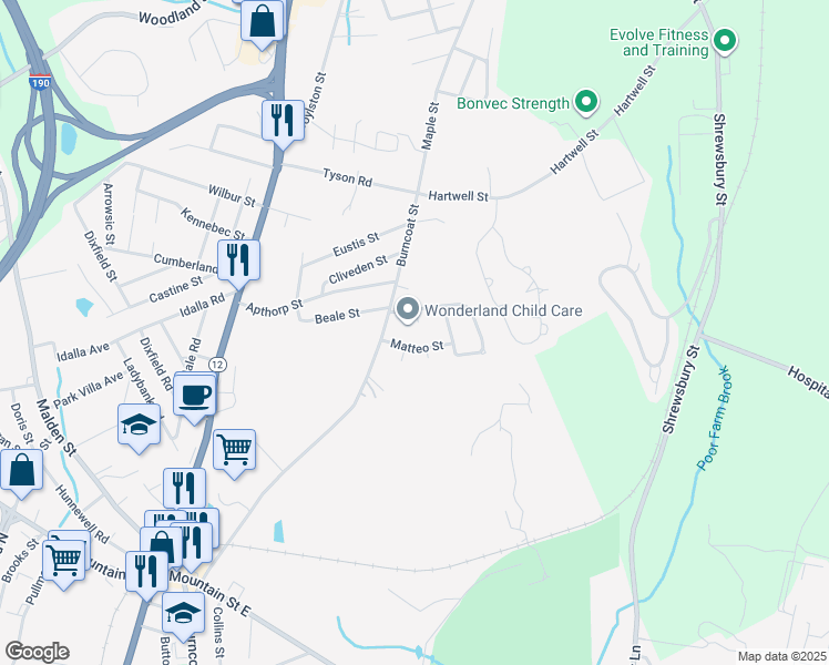 map of restaurants, bars, coffee shops, grocery stores, and more near 6 Matteo Street in Worcester