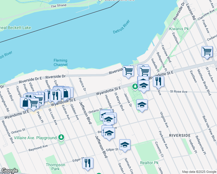 map of restaurants, bars, coffee shops, grocery stores, and more near 831 Saint Marys Boulevard in Windsor