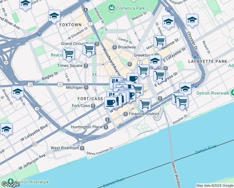 map of restaurants, bars, coffee shops, grocery stores, and more near 719 Griswold Street in Detroit