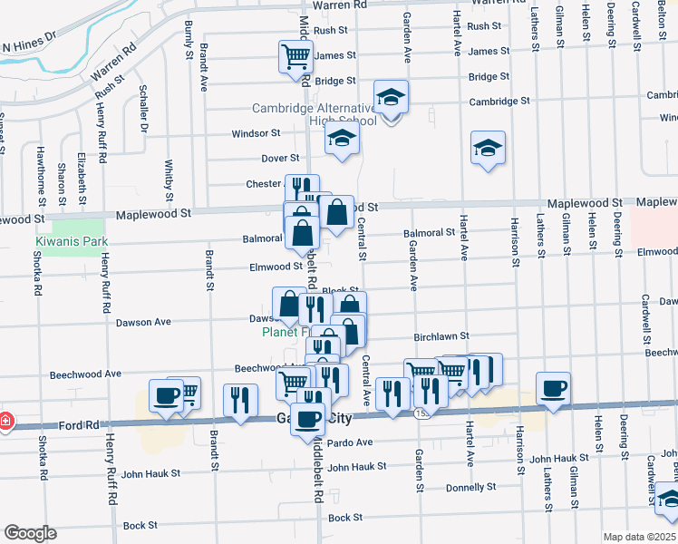 map of restaurants, bars, coffee shops, grocery stores, and more near in Garden City