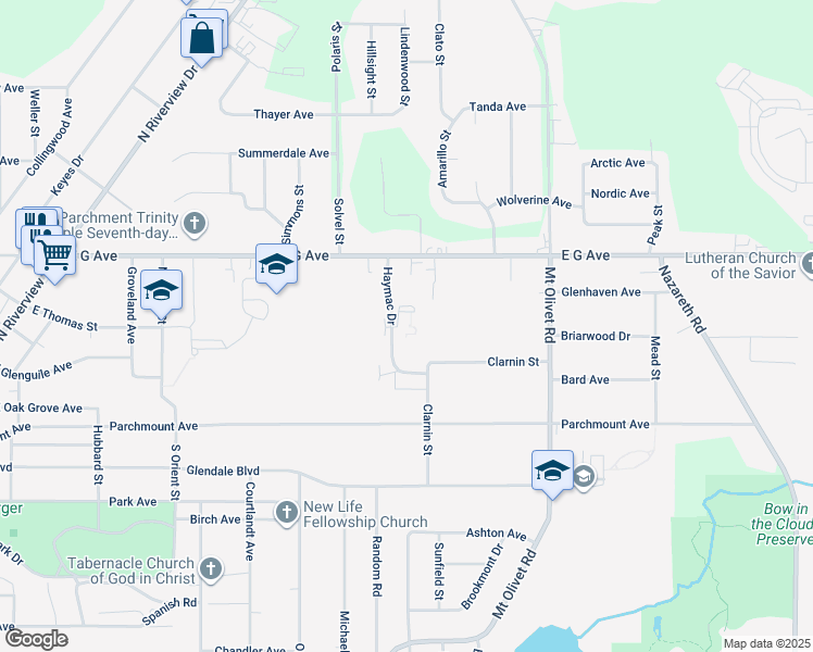 map of restaurants, bars, coffee shops, grocery stores, and more near 128 Haymac Drive in Parchment