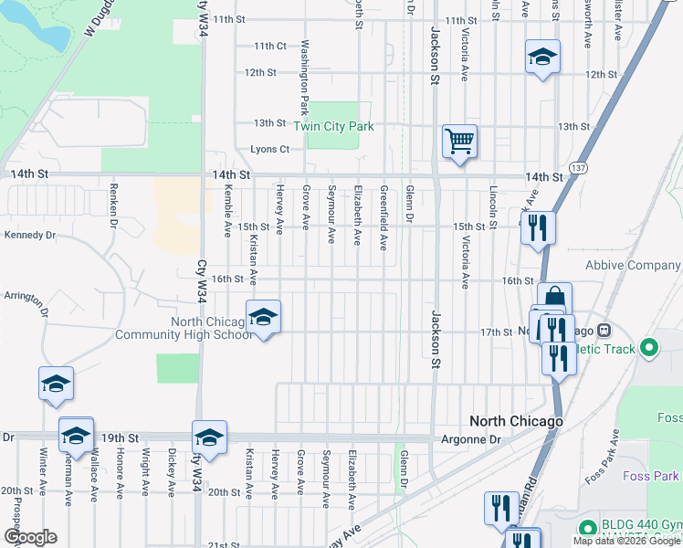 map of restaurants, bars, coffee shops, grocery stores, and more near 1612 Elizabeth Avenue in North Chicago