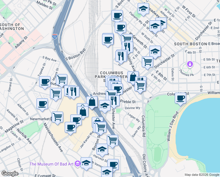 map of restaurants, bars, coffee shops, grocery stores, and more near 496 Southampton Street in Boston