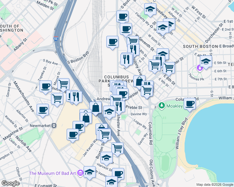 map of restaurants, bars, coffee shops, grocery stores, and more near 395 Dorchester Street in Boston