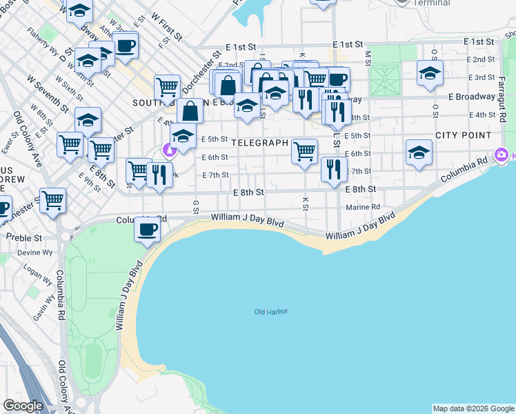 map of restaurants, bars, coffee shops, grocery stores, and more near 1530 Columbia Road in Boston