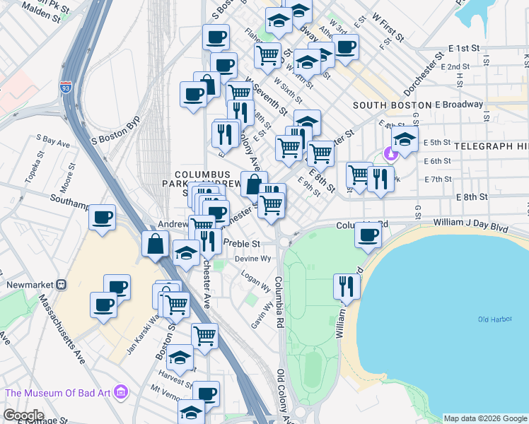 map of restaurants, bars, coffee shops, grocery stores, and more near 23 Vinton Street in Boston