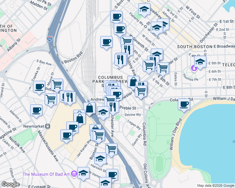 map of restaurants, bars, coffee shops, grocery stores, and more near 395 Dorchester Street in Boston