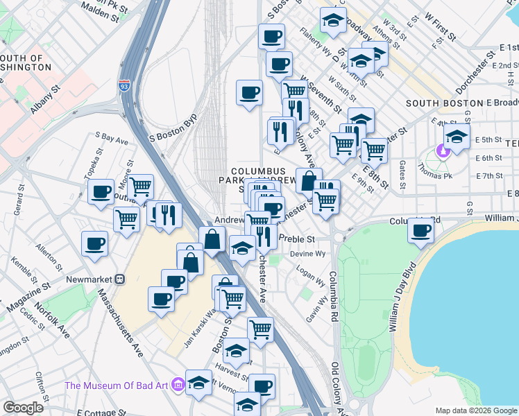 map of restaurants, bars, coffee shops, grocery stores, and more near 395 Dorchester Street in Boston
