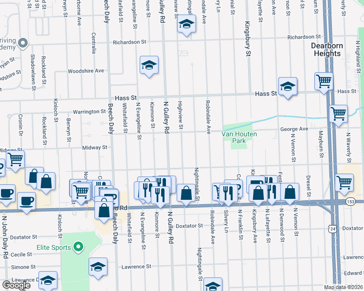 map of restaurants, bars, coffee shops, grocery stores, and more near 5948 Highview Street in Dearborn Heights