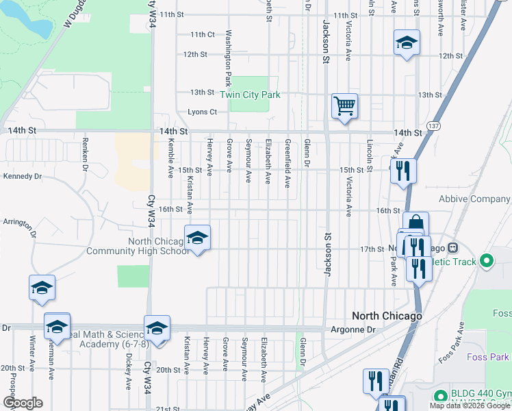 map of restaurants, bars, coffee shops, grocery stores, and more near 1612 Elizabeth Avenue in North Chicago