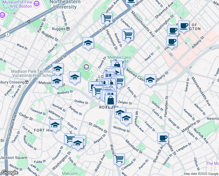 map of restaurants, bars, coffee shops, grocery stores, and more near 2249 Washington Street in Boston