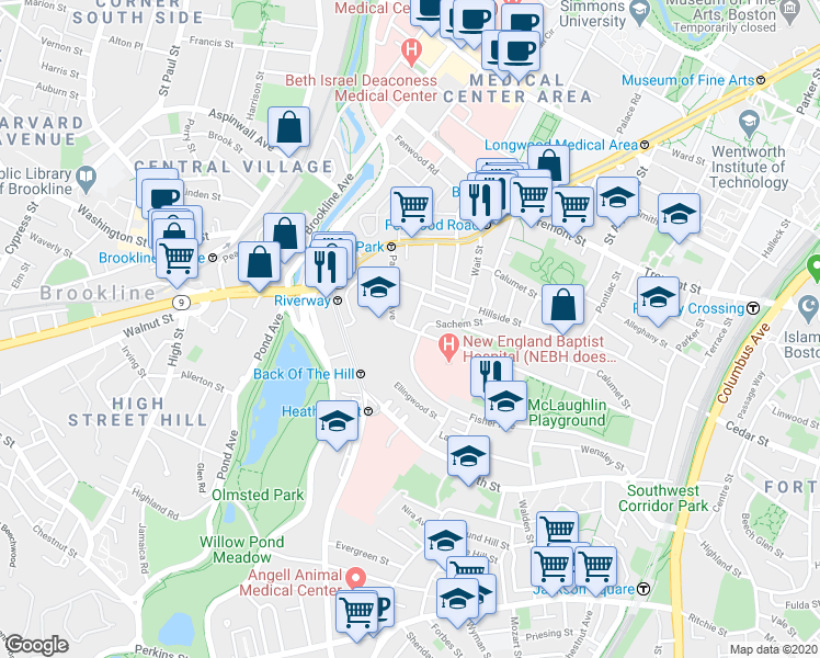 map of restaurants, bars, coffee shops, grocery stores, and more near Parker Hill Avenue & Sunset Street in Boston