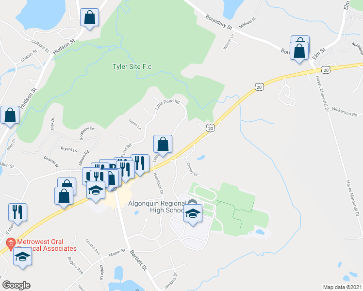 map of restaurants, bars, coffee shops, grocery stores, and more near 361 Main Street in Northborough