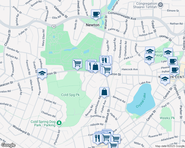 map of restaurants, bars, coffee shops, grocery stores, and more near 35 Wilson Circle in Newton