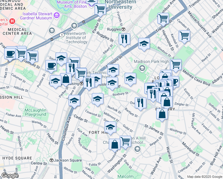 map of restaurants, bars, coffee shops, grocery stores, and more near 205 Roxbury Street in Boston