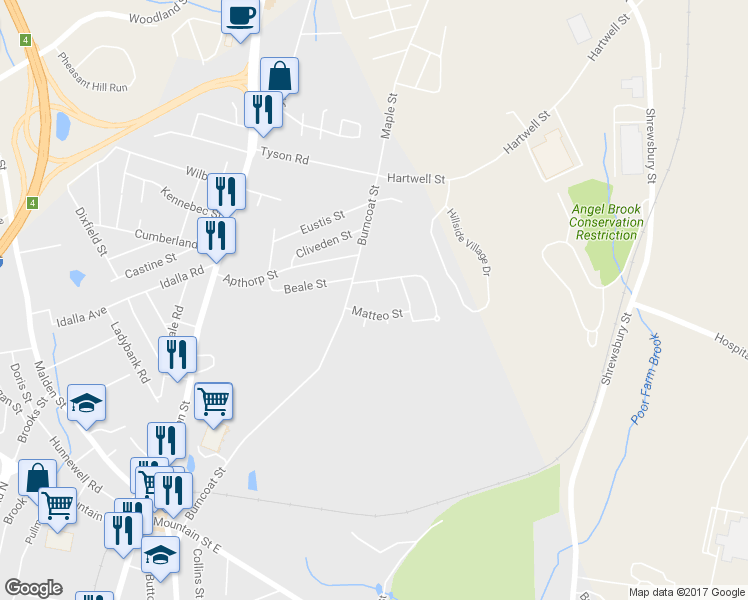 map of restaurants, bars, coffee shops, grocery stores, and more near 6 Matteo Street in Worcester