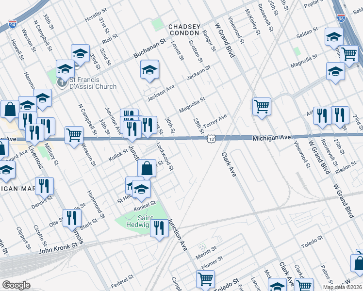 map of restaurants, bars, coffee shops, grocery stores, and more near 3346 Goldner Street in Detroit