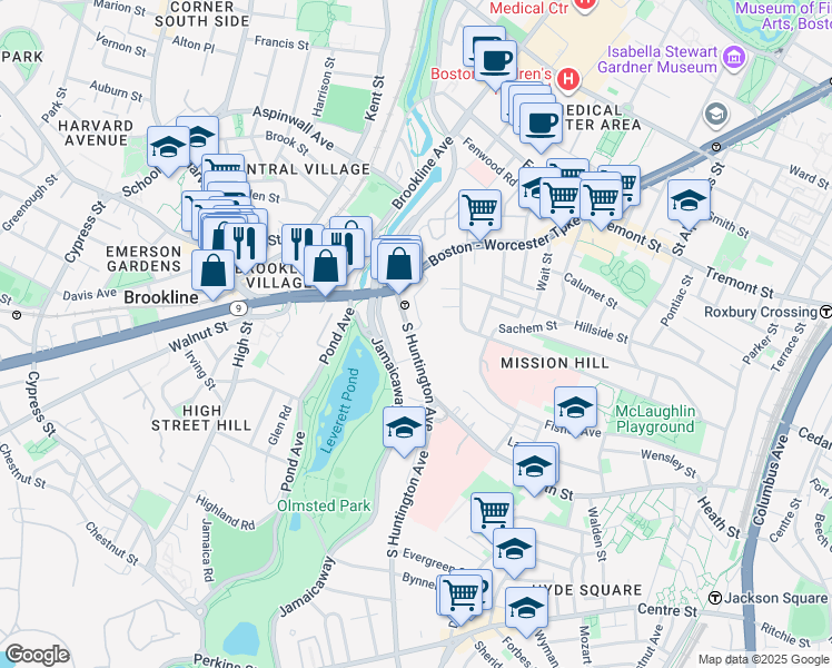 map of restaurants, bars, coffee shops, grocery stores, and more near 70 Jamaicaway in Boston
