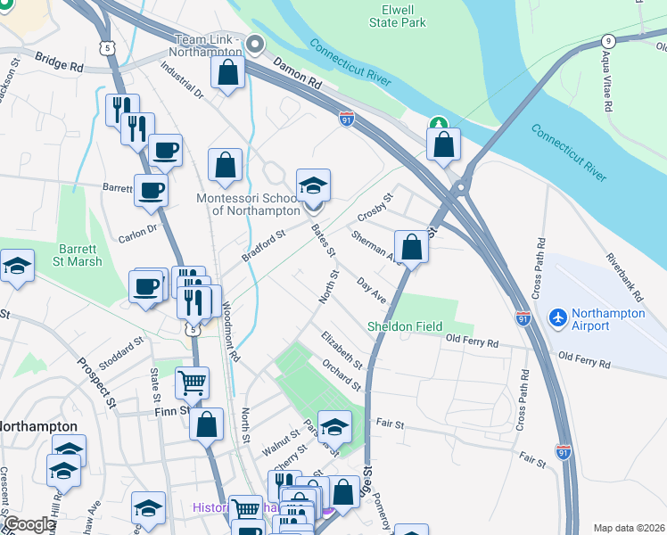 map of restaurants, bars, coffee shops, grocery stores, and more near 234 North Street in Northampton
