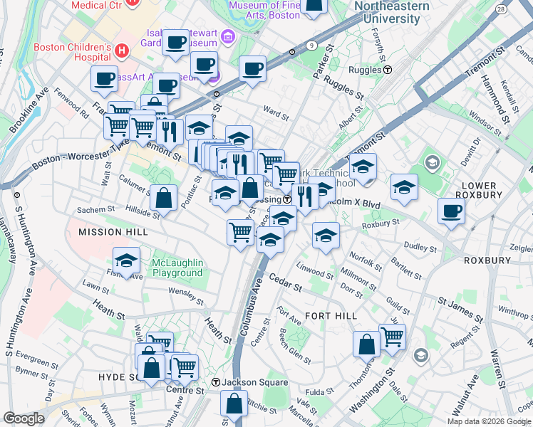map of restaurants, bars, coffee shops, grocery stores, and more near 40 Terrace Street in Boston